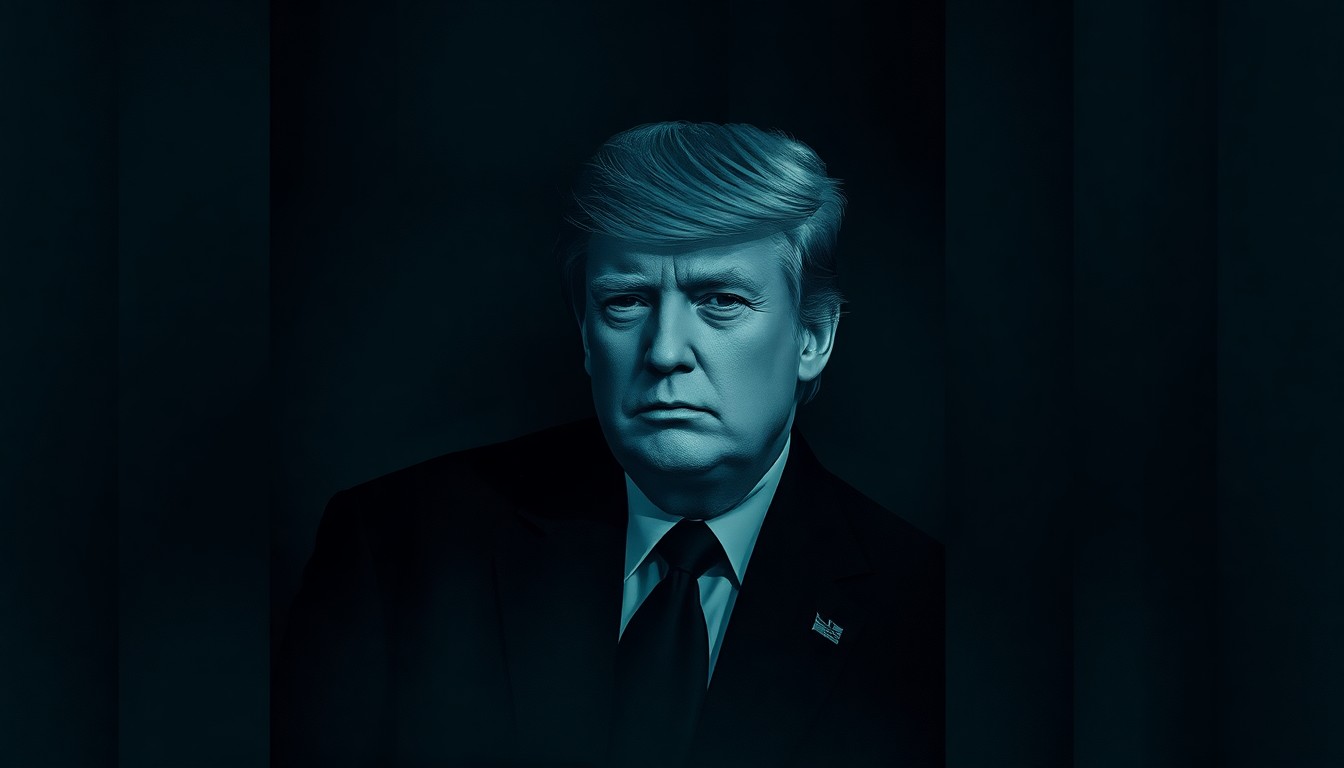 A fragmented, abstract painting depicting a shadowy, indistinct figure in muted tones, conveying a sense of political turmoil and uncertainty.