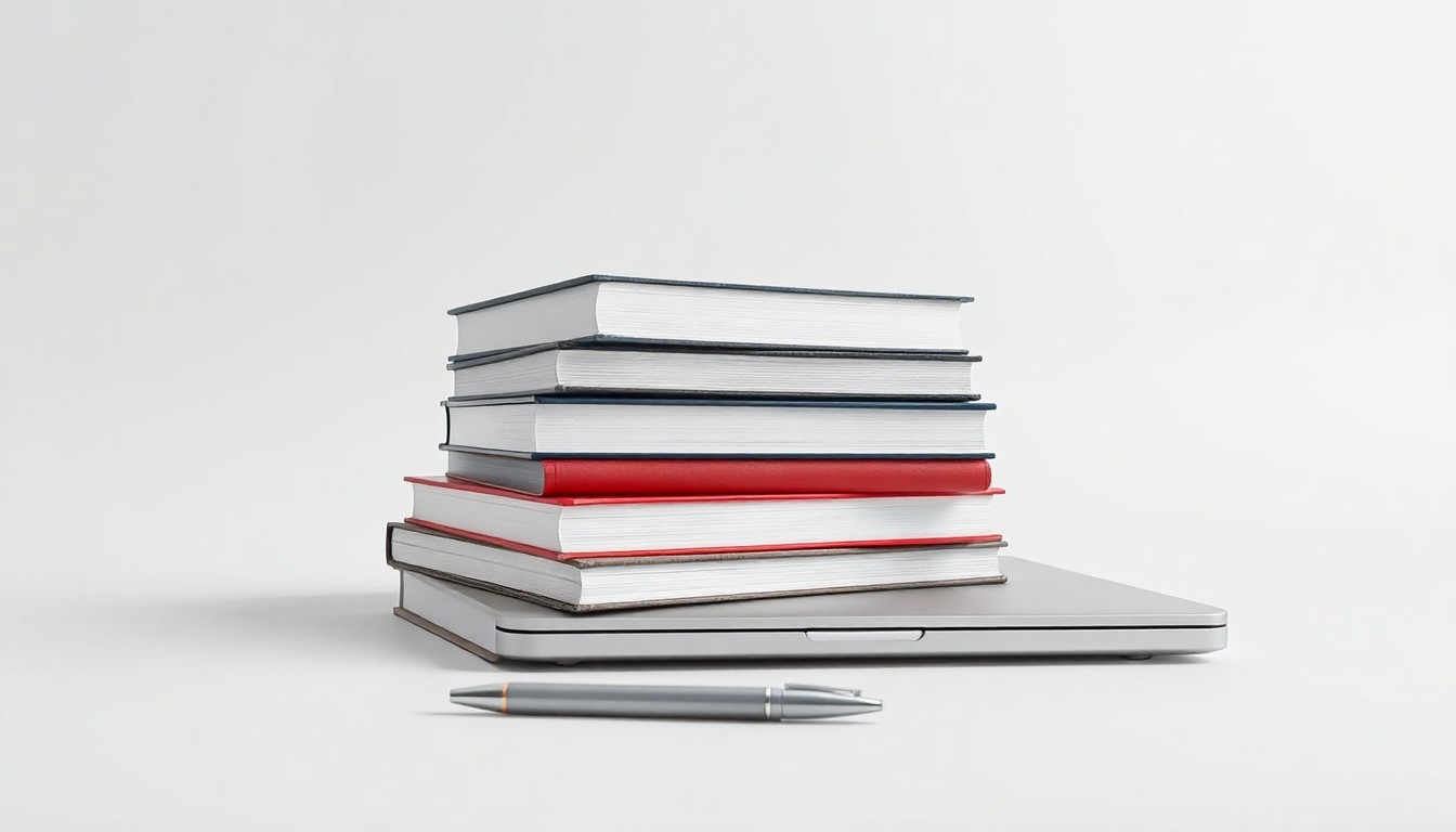 A clean, minimalist studio photograph featuring a stack of business books, a laptop, and a pen on a plain background, symbolizing the tools and resources required for entrepreneurial success.