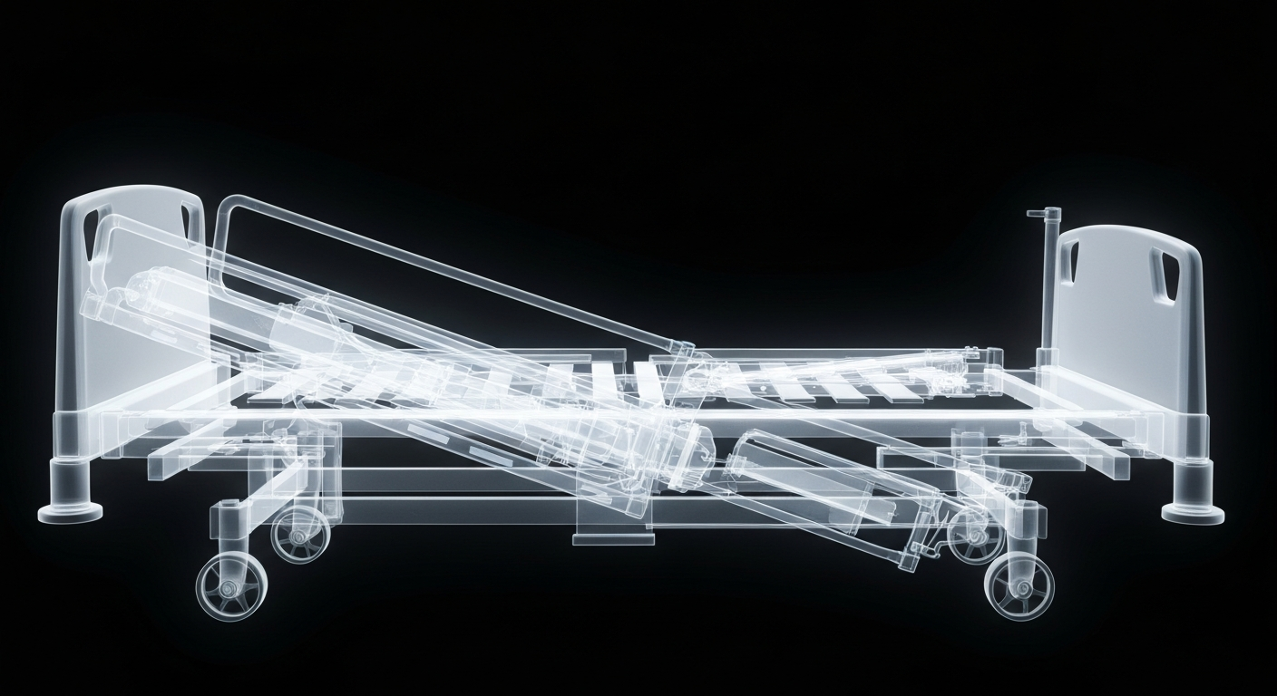 A ghostly, translucent X-ray photograph revealing the intricate internal structure of a hospital bed frame, symbolizing the advanced medical care and commitment to patient safety at Beacon Kalamazoo Hospital.