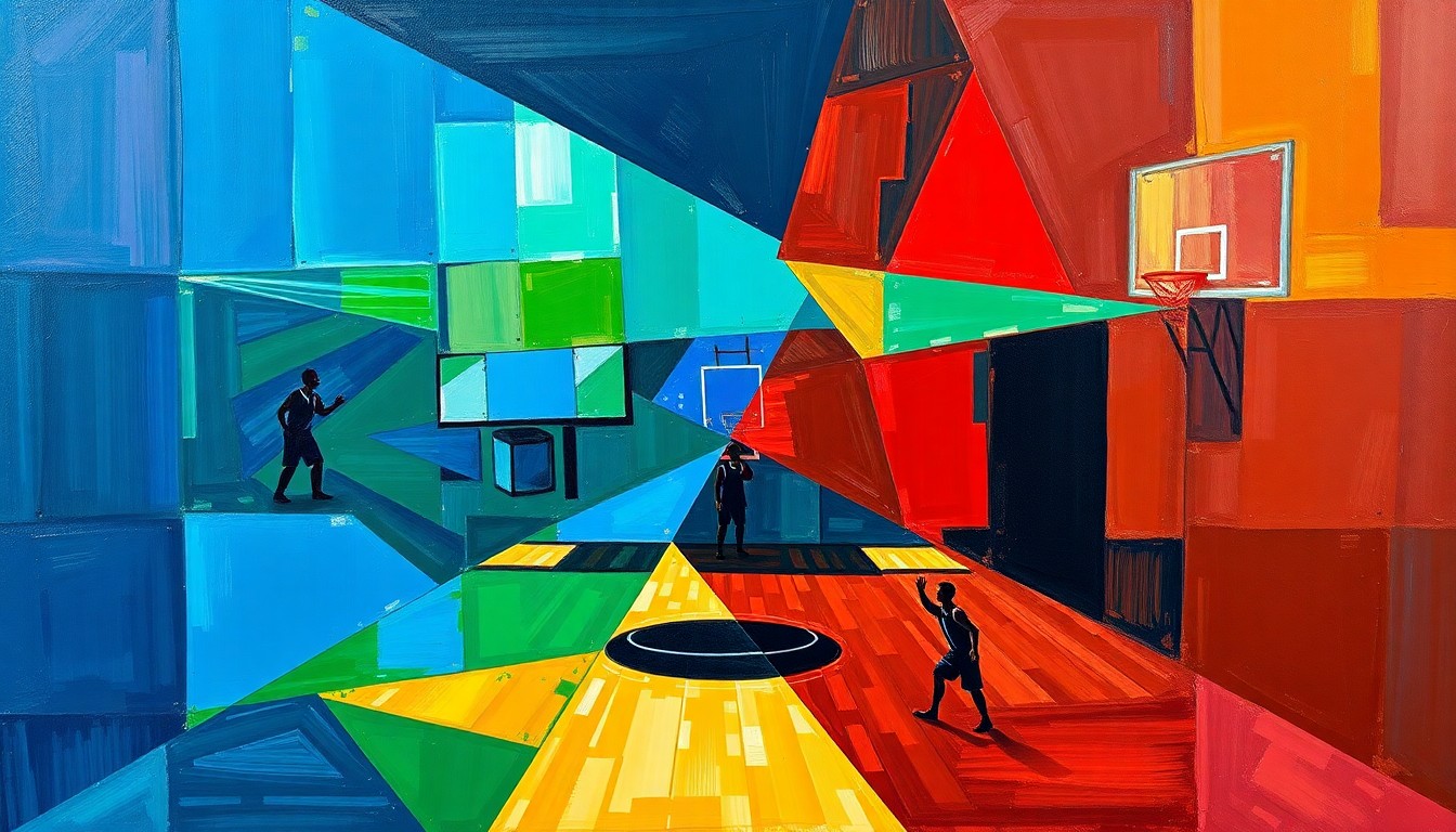 A cubist, geometric painting depicting a fragmented basketball game, with sharp, overlapping planes of color representing the multifaceted nature of the Jaden Ivey situation.