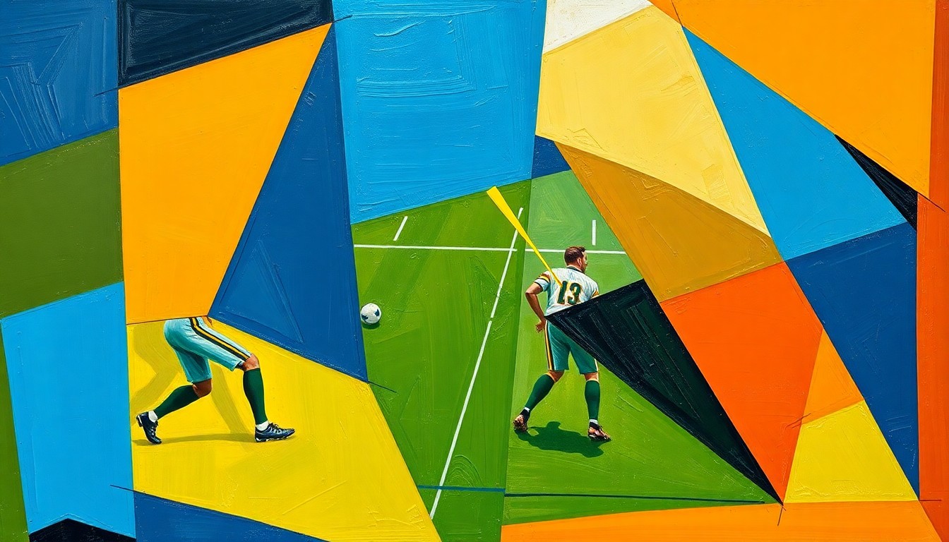 A cubist, geometric painting depicting overlapping shapes and planes in shades of blue, green, and orange, conceptually representing the complex strategy and planning behind an NFL offense.