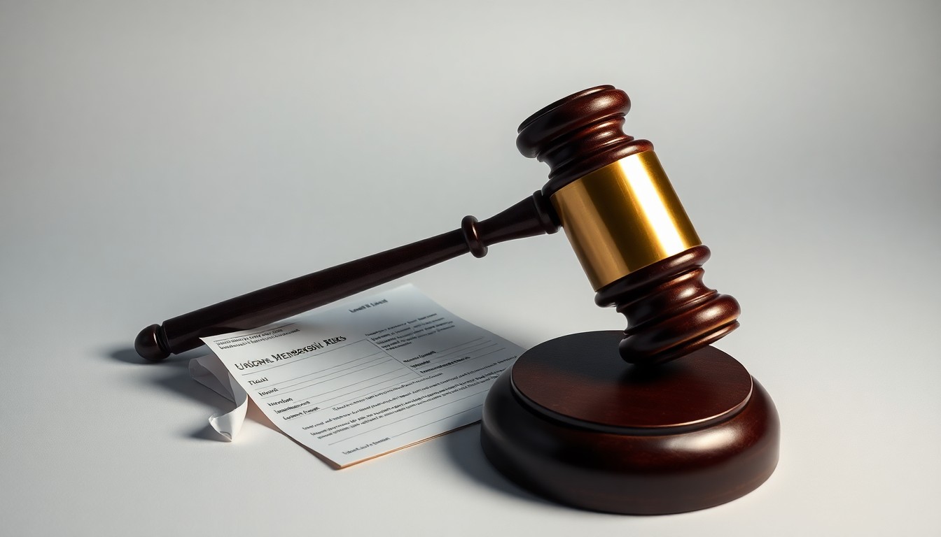 A photorealistic studio still life featuring a gavel, a union membership card, and a crumpled legal document, symbolizing the legal tensions at the heart of this labor relations case.