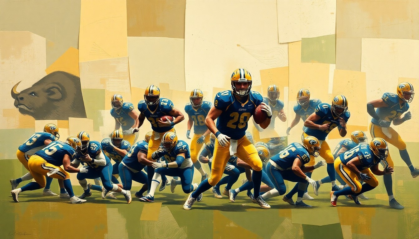 A fragmented, geometric painting depicting the dynamic motion and energy of a Colorado Buffaloes football game or practice, with overlapping planes of muted earth tones and shades of gold, green, and blue.