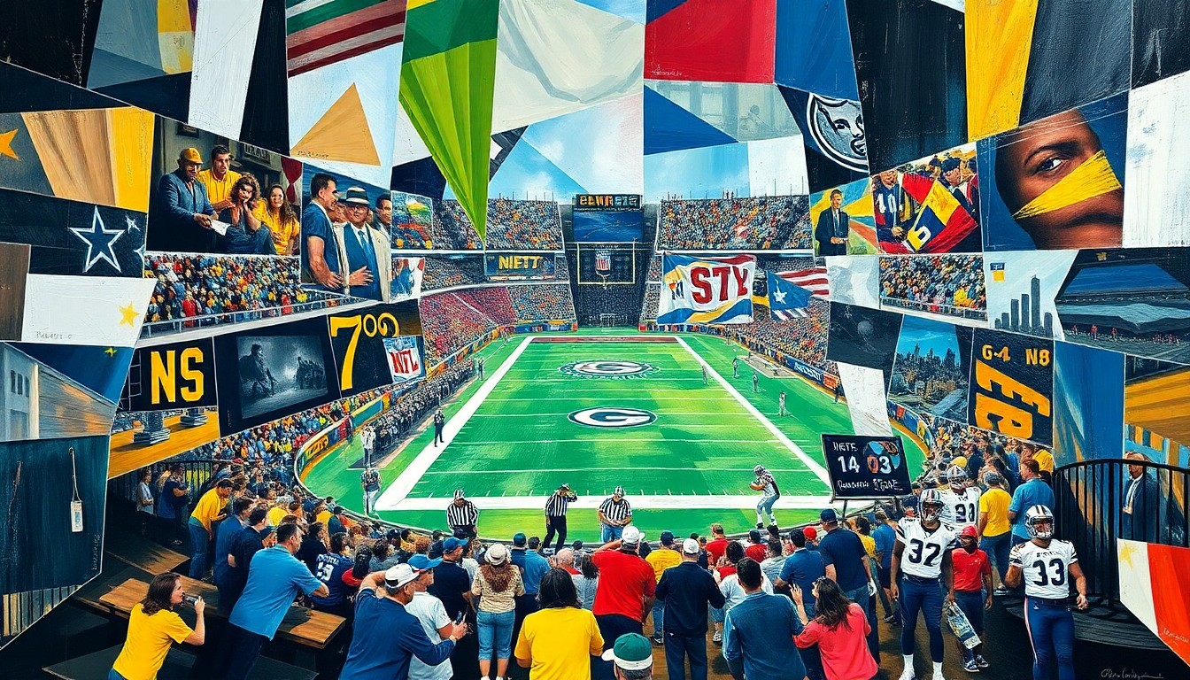 A cubist, geometric painting depicting fragmented, overlapping shapes and planes in shades of green, blue, and orange, conceptually representing the dynamic action and energy of an NFL draft or football game.