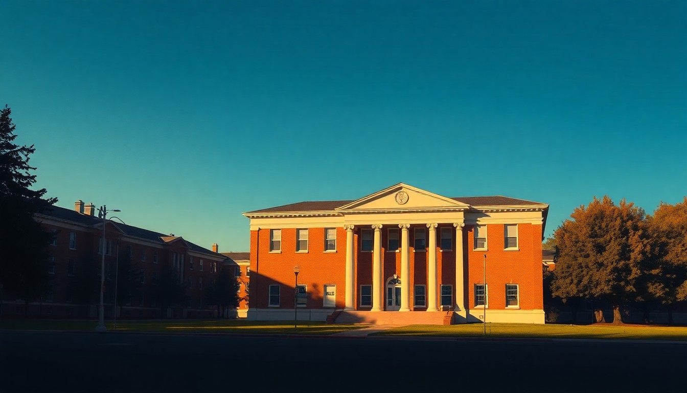 A serene, photorealistic painting of a university administration building in warm, golden light, with deep shadows creating a contemplative, nostalgic mood that reflects the uncertainty surrounding the system's leadership.