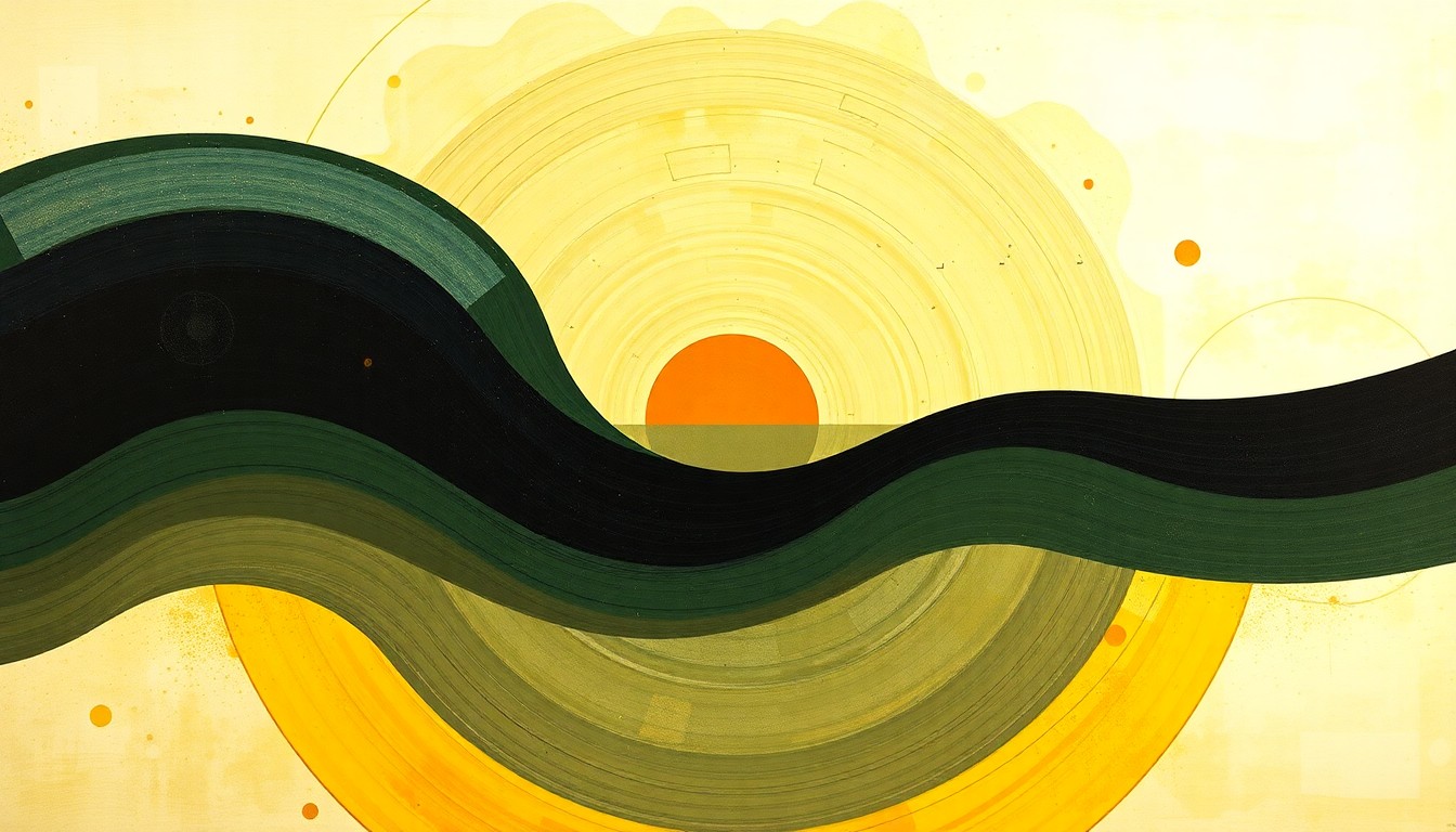 A highly structured abstract painting in soft, earthy tones featuring sweeping geometric arcs, concentric circles, and precise botanical spirals, conceptually representing the complex forces and potential of renewable solar energy.