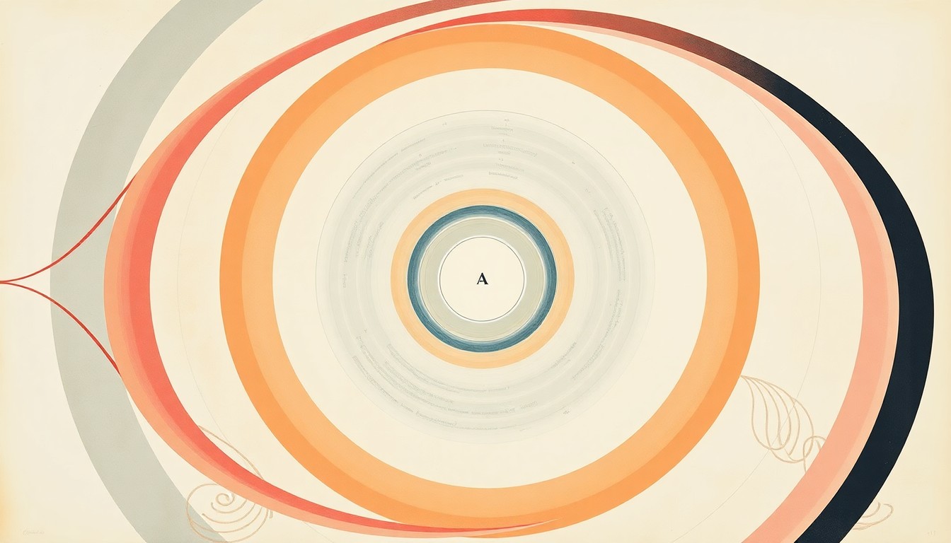 A highly structured, abstract painting in soft, flat colors featuring sweeping geometric arcs, concentric circles, and precise botanical spirals, conceptually illustrating the complex forces and possibilities of the biotechnology field.