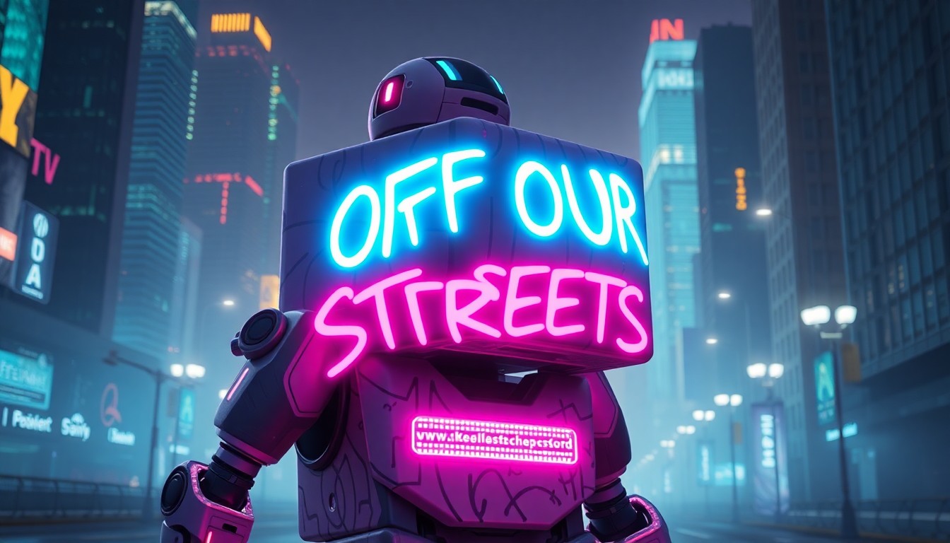 A highly detailed 3D illustration of a delivery robot covered in glowing neon graffiti, with the words 'OFF OUR STREETS' illuminated in bright cyan and magenta. The robot is surrounded by a hazy, futuristic urban landscape with skyscrapers and streetlights in the background, conceptually representing the tensions between autonomous technology and local communities.
