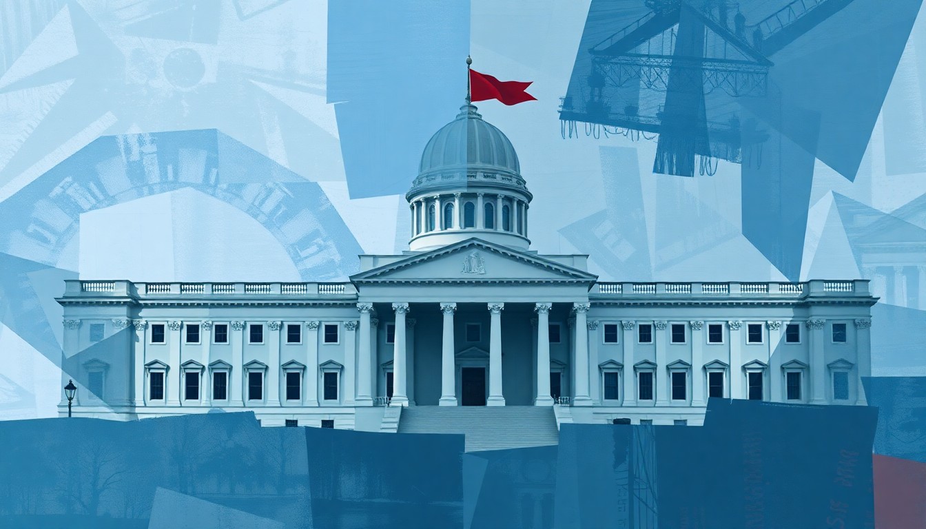 A fragmented, overlapping painting of a government building or political symbol in shades of blue, grey, and red, conveying the divisive politics and lack of independent oversight surrounding the government's surveillance authorities.