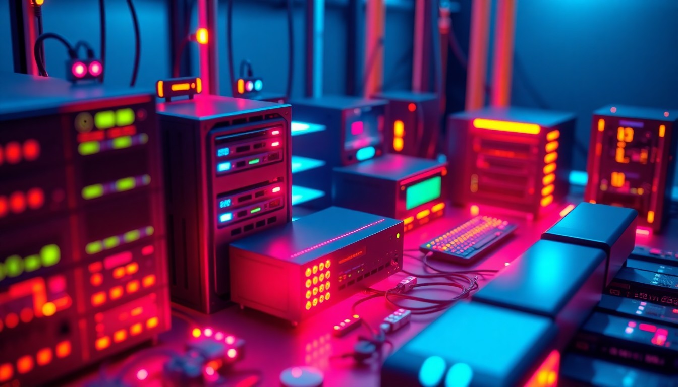 A highly detailed, glowing 3D macro illustration of interconnected cybersecurity hardware and networking equipment, representing IGEL's Adaptive Secure Endpoint Platform that modernizes enterprise endpoint strategies with secure, resilient, and operationally efficient digital infrastructure.