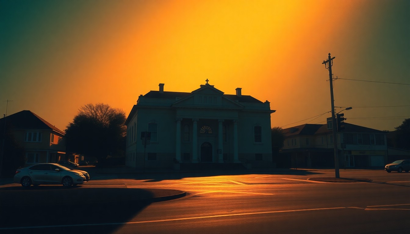 A serene, painterly depiction of a town hall building in Wellington, Colorado, with warm sunlight and deep shadows, conveying a sense of civic contemplation and transition.