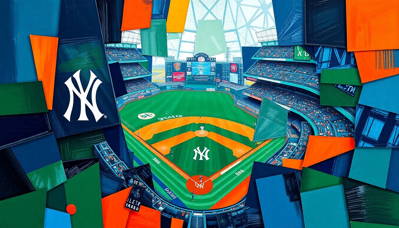 A fractured, cubist-style painting depicting a baseball game between the New York Yankees and Seattle Mariners, with sharp geometric shapes and planes of navy blue, forest green, and bright orange representing the players, field, and action.