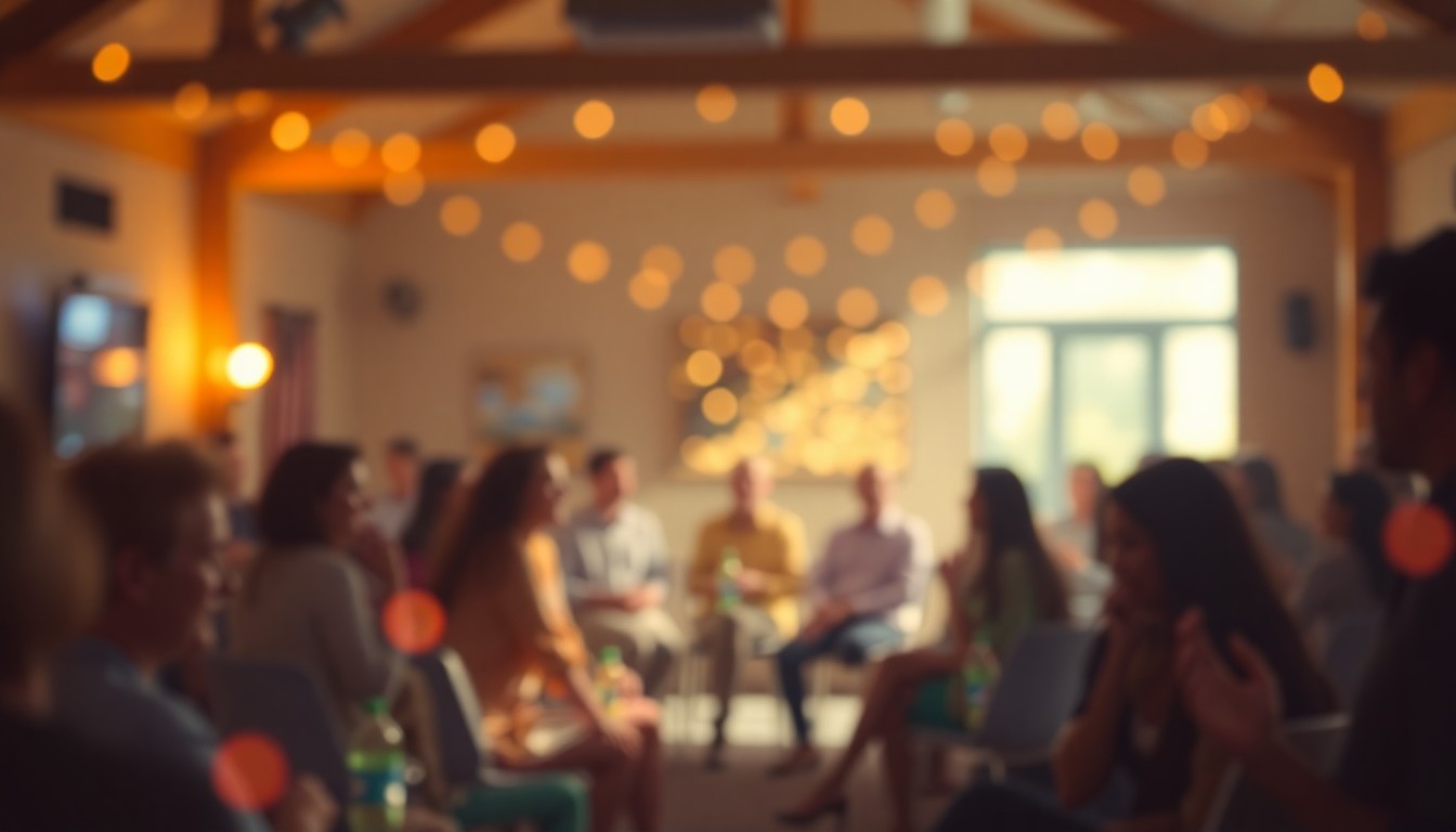 An abstract, impressionistic scene of a community meeting, with blurred figures and soft, glowing pools of warm color and light, conveying a sense of discussion and engagement around an important local issue.
