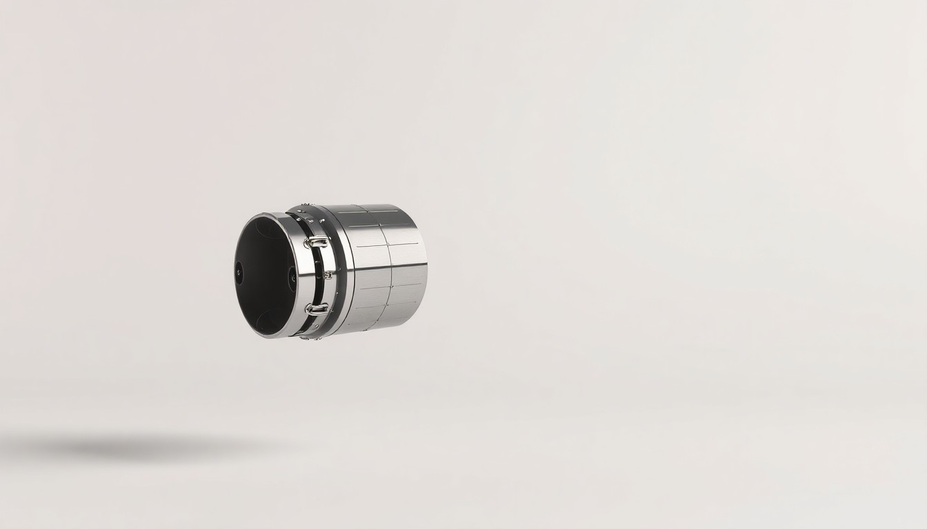 A photorealistic studio still-life image featuring a sleek, metallic satellite model floating on a clean, monochromatic background, symbolizing the advanced satellite technology at the center of the potential Amazon-Globalstar deal.