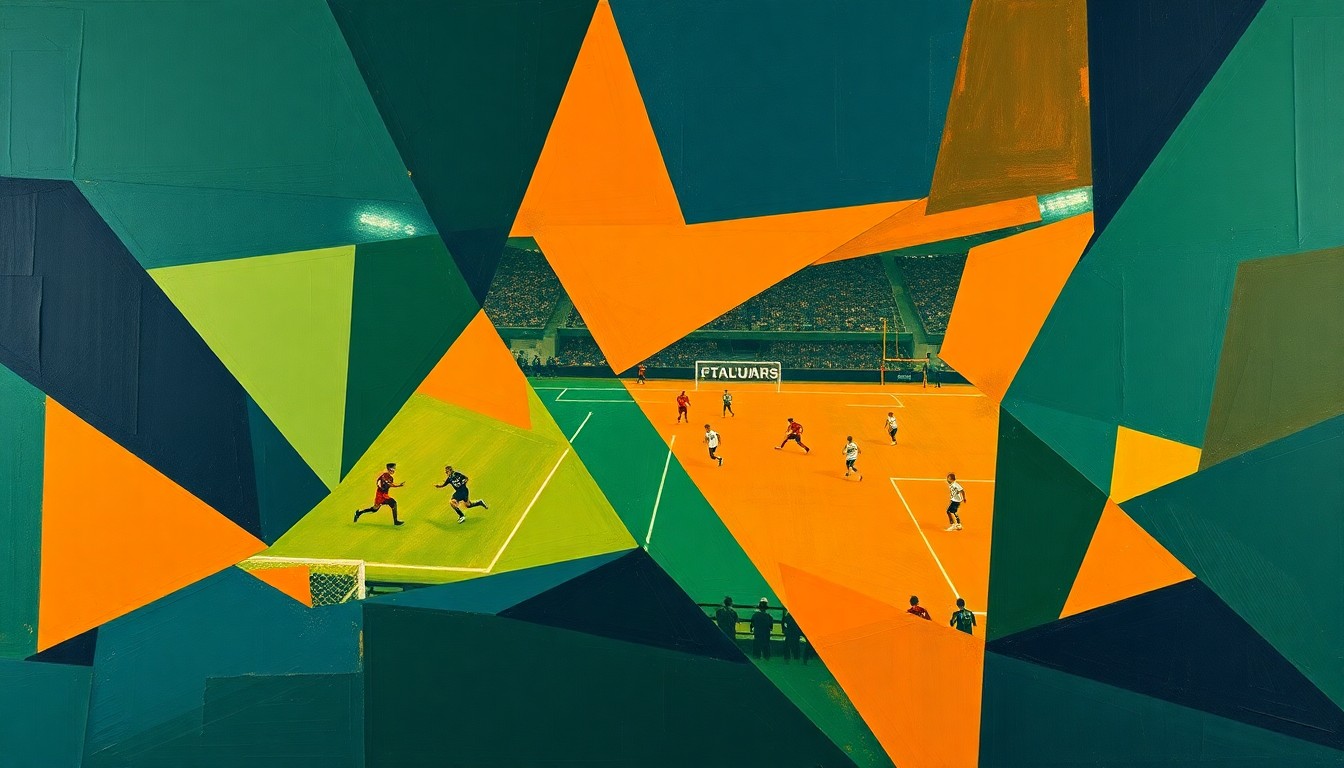 A cubist, geometric painting depicting a fragmented, multi-angled view of a football game or match, with sharp planes of navy blue, forest green, and burnt orange colors, conveying the conceptual complexity of gender discrimination issues in professional sports officiating.