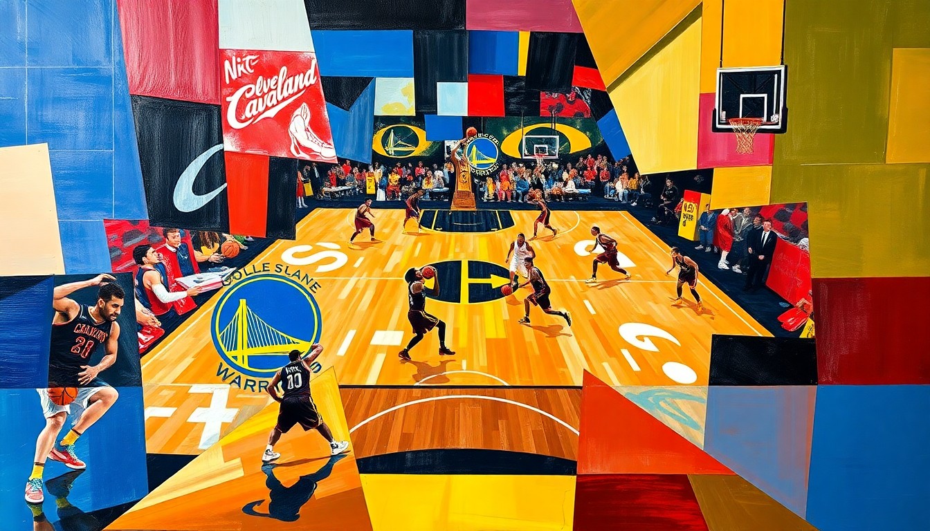 A fractured, multi-perspective painting in the style of Pablo Picasso, breaking a basketball game down into sharp, overlapping geometric planes in a vibrant, abstract composition.