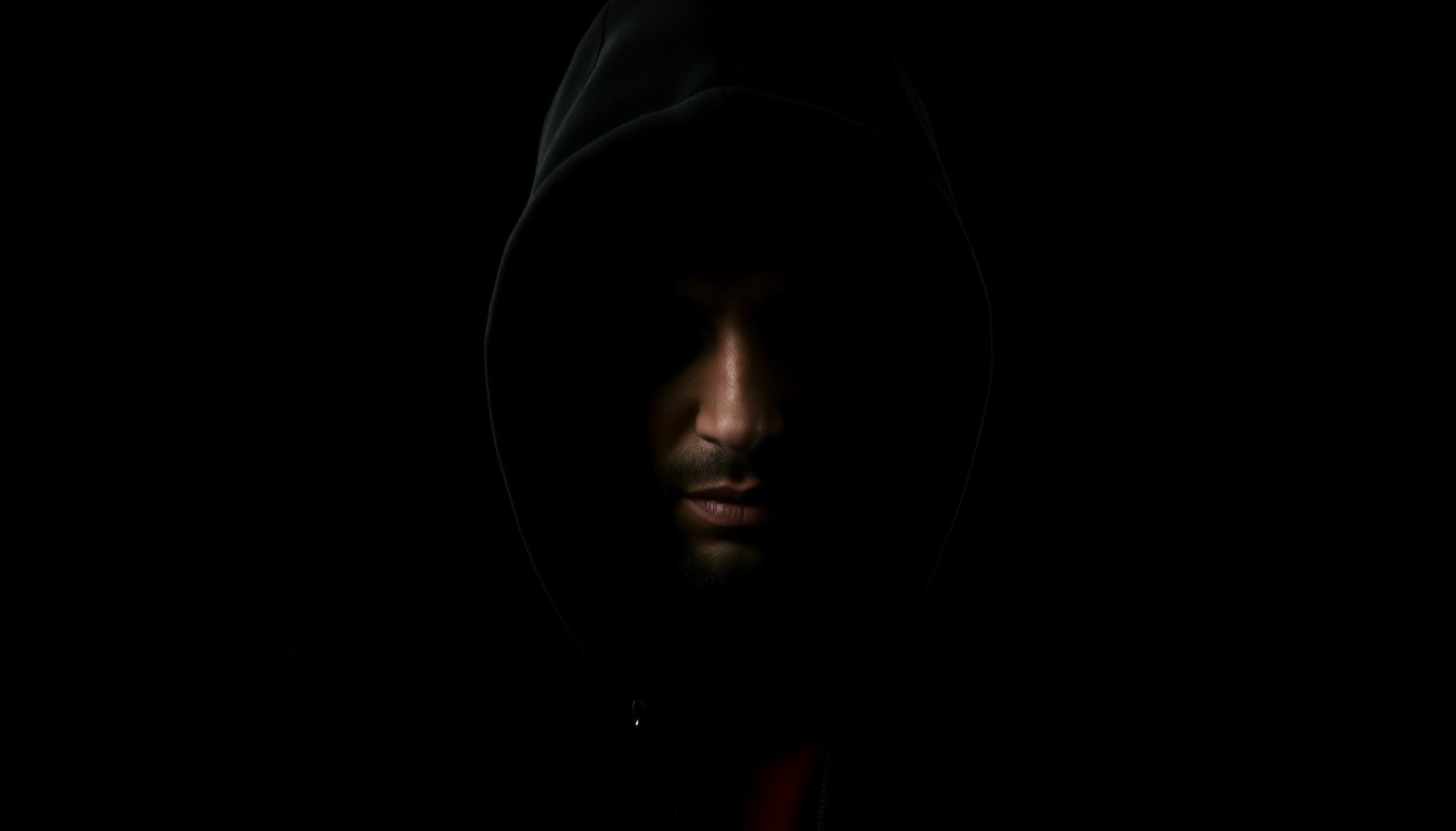 An extreme close-up photograph of a black hoodie and red undershirt against a pitch-black background, lit by a harsh, direct camera flash, creating a stark, gritty, investigative aesthetic.