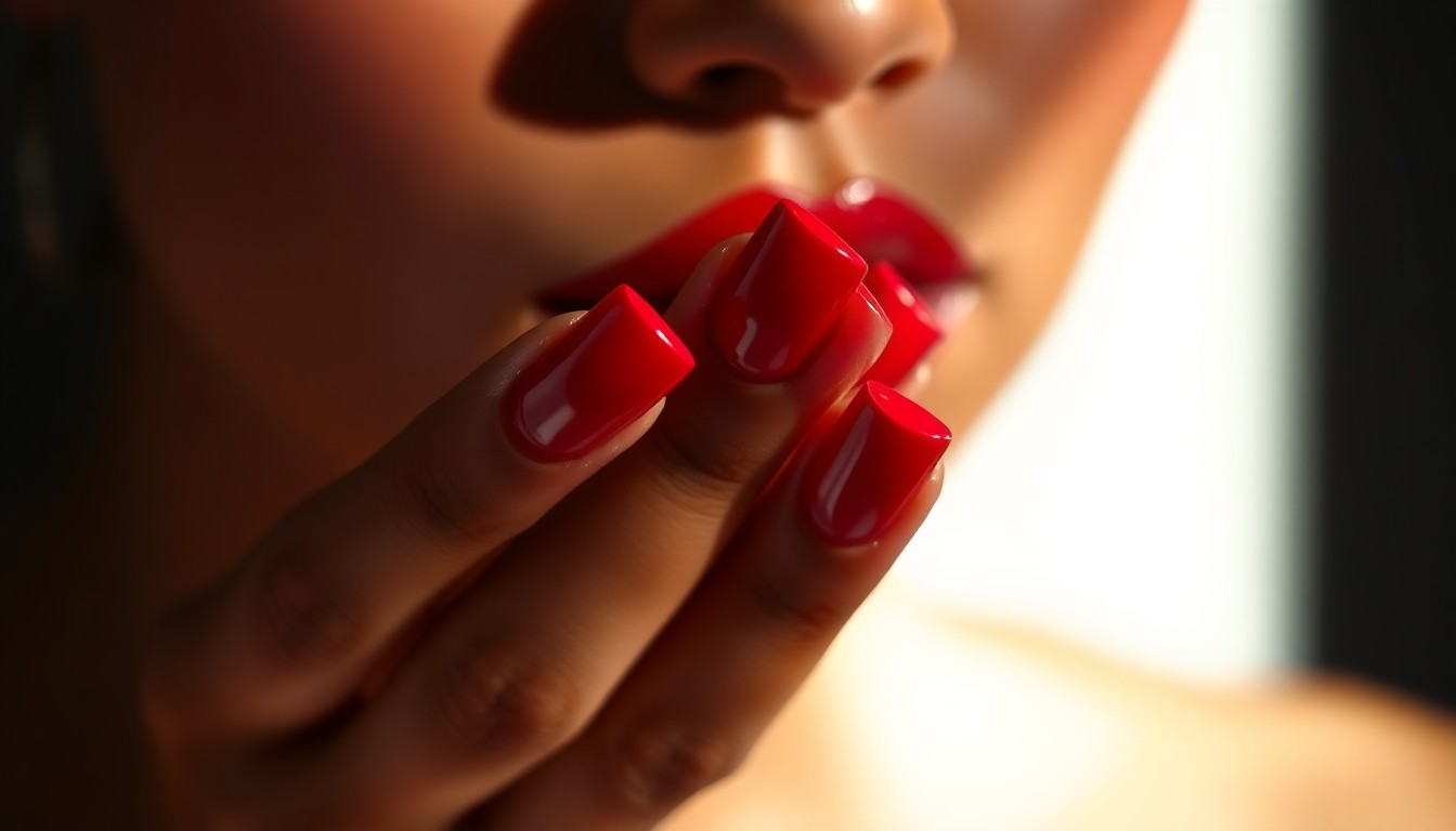 An extreme close-up photograph of glossy, luxurious red nails in dramatic studio lighting, conceptually representing the glamour and romance of Halle Bailey's nail look for her film press tour.