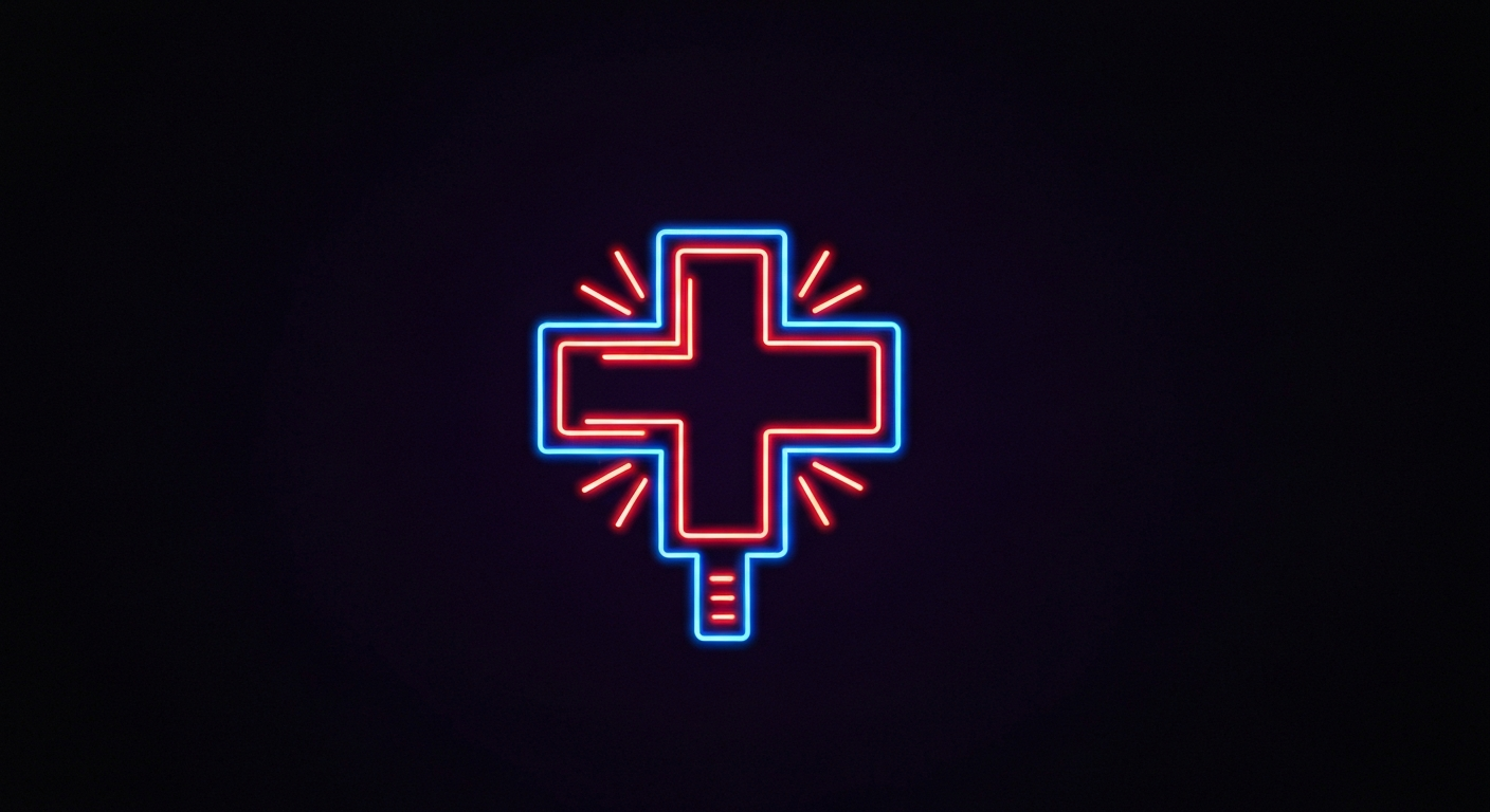 A glowing neon outline of a stylized medical symbol or telehealth device, representing the advanced technology powering VSee's telehealth solutions.