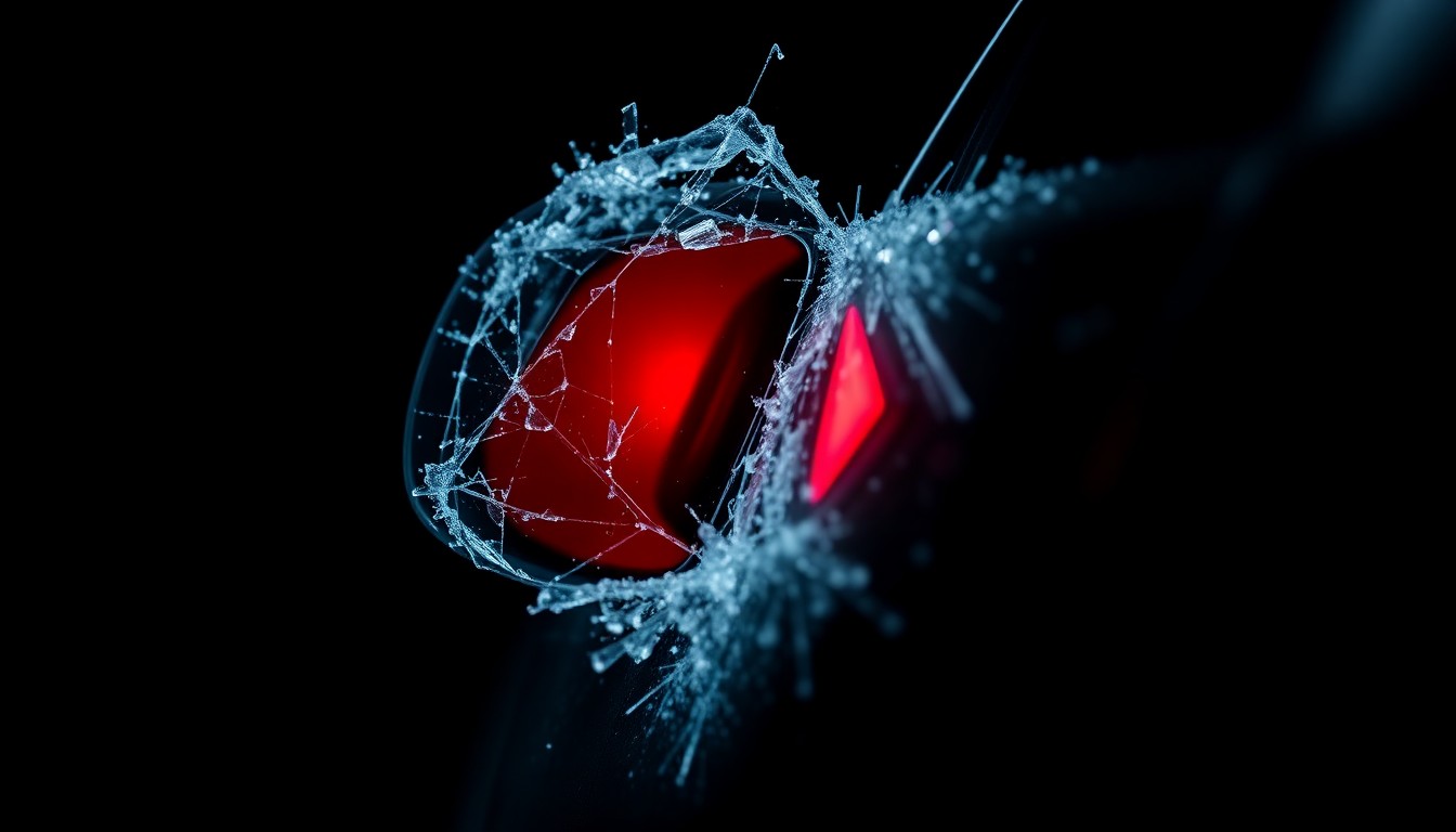 An extreme close-up photograph of a shattered car side mirror reflecting a faint red light, conceptually illustrating the aftermath of a violent incident involving a vehicle.