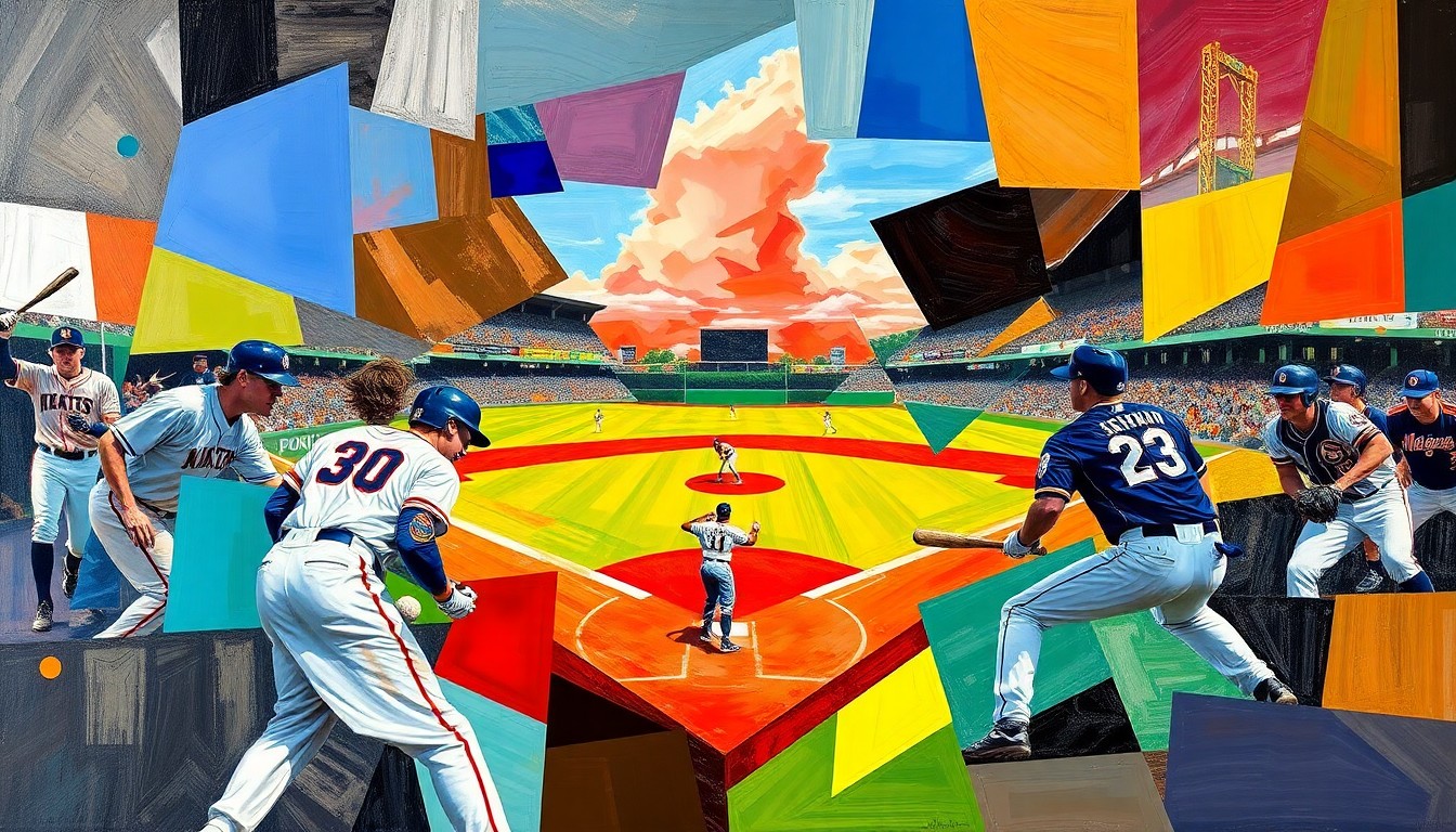 A cubist, geometric painting depicting a baseball or softball game, with sharp, overlapping planes of color representing the players, field, and action of the sport.