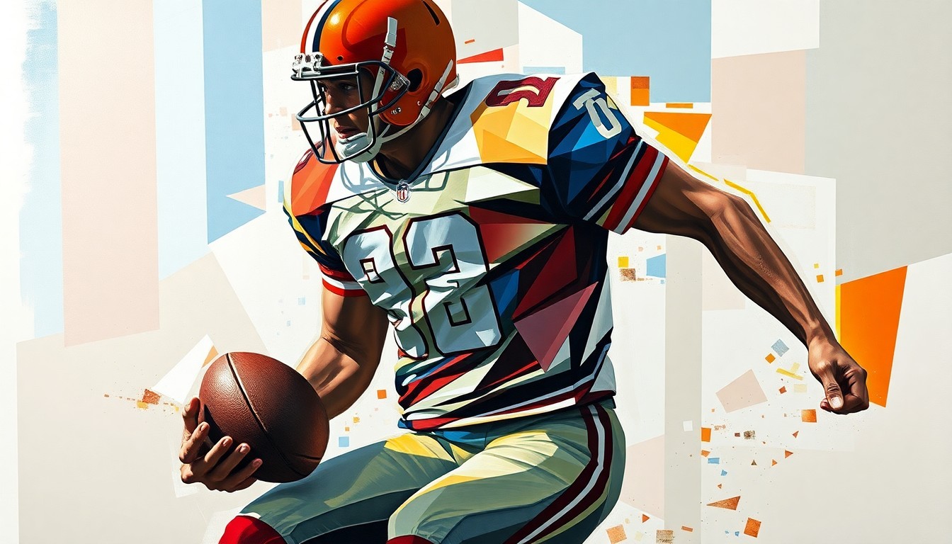 A fragmented, geometric painting depicting a football player in motion, with the player's form broken down into sharp, overlapping planes of color and shape, conveying the dynamic nature of the NFL draft process.