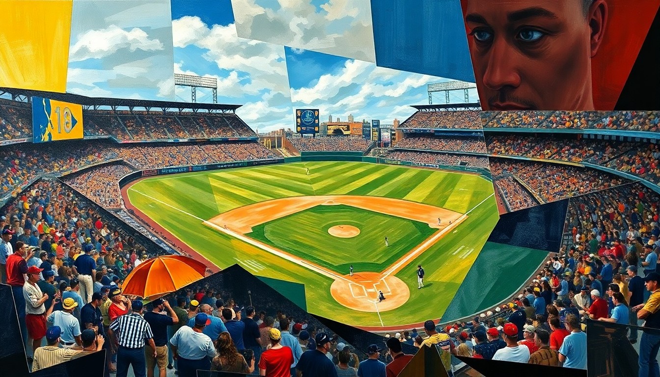 A cubist, geometric painting depicting a baseball game broken down into overlapping planes of color and shape, representing the complex roster changes facing the Mariners.