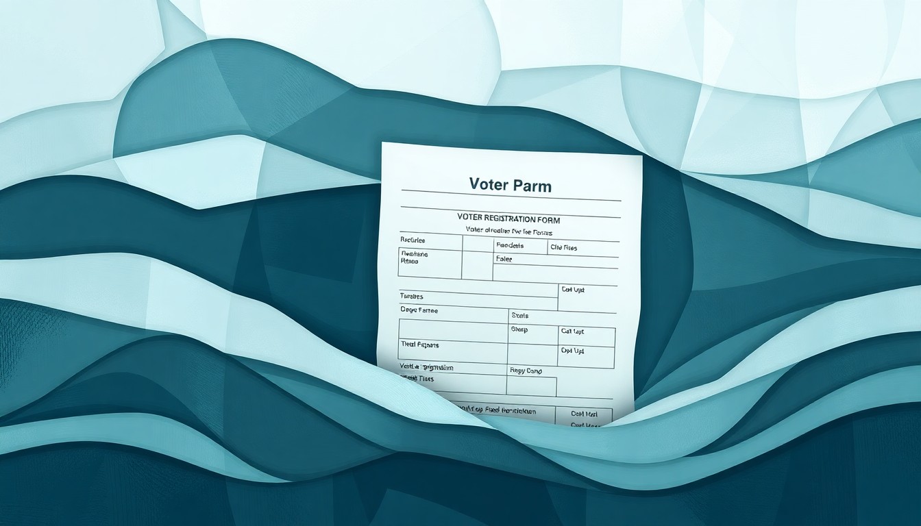 A fragmented, abstract painting depicting the bureaucratic processing of voter registration forms, with overlapping geometric shapes and brushstrokes in muted tones of blue, gray, and green, conveying a sense of complexity and uncertainty around voting rights issues.
