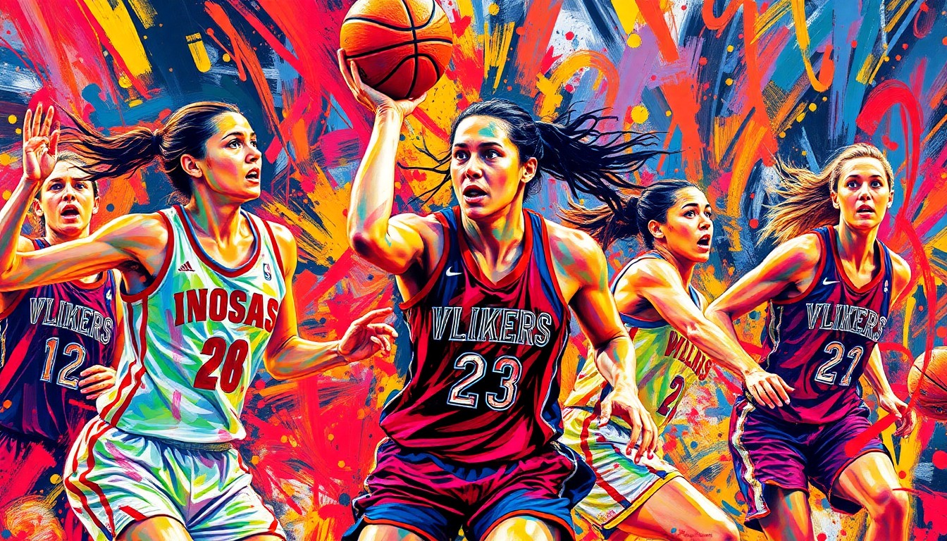 An abstract, expressionist painting featuring vibrant neon brushstrokes and splatters of color, capturing the dynamic energy and movement of a women's basketball game.