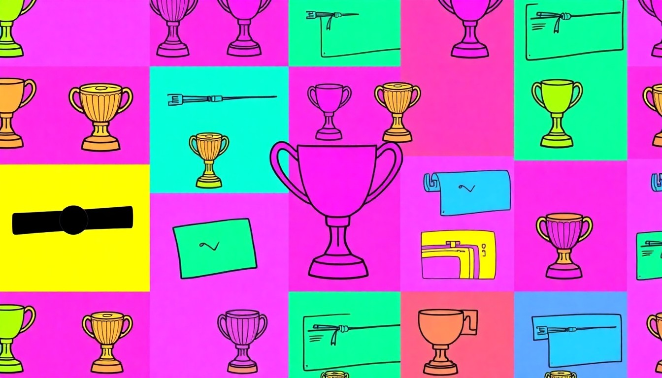 A brightly colored, high-contrast silkscreen print of a school trophy repeated in a tight grid pattern, conceptually representing the academic and athletic achievements celebrated at the Sewanhaka board meeting.