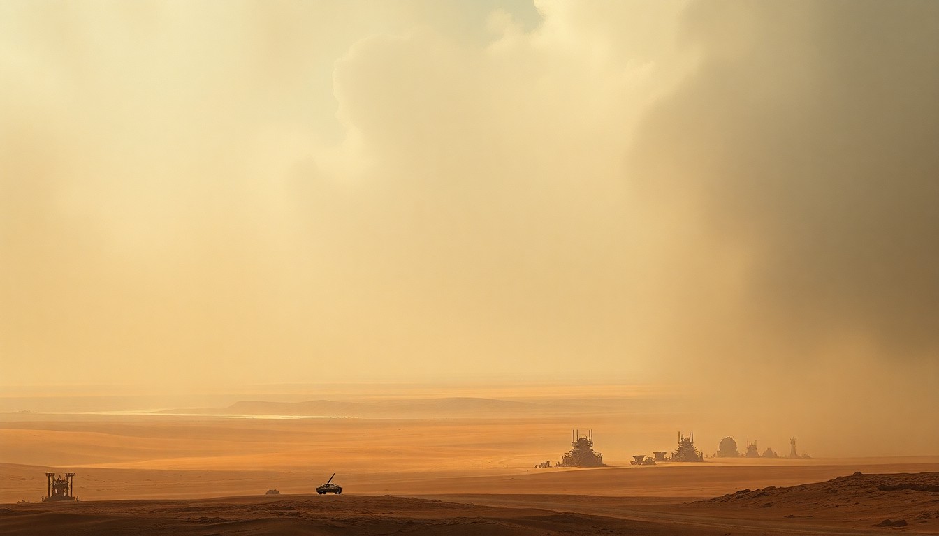 A vast, atmospheric landscape painting in muted earth tones, depicting a desert scene obscured by a hazy, dust-filled sky, with only the faint outlines of roads and structures visible in the distance, conveying the overwhelming power of the natural environment.