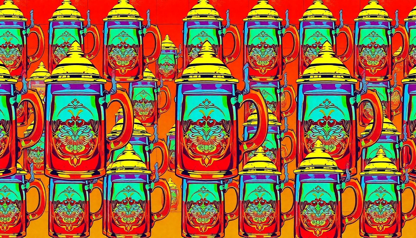 A bold, colorful silkscreen-style illustration featuring a repeated pattern of a classic German beer stein in a grid, rendered in a vibrant neon color palette with heavy black outlines, conceptually representing the lively atmosphere of a traditional Bavarian beer hall.