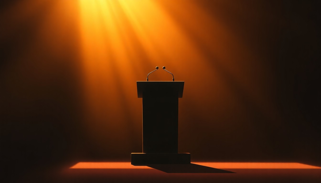 A serene, cinematic painting of an empty political podium or lectern, bathed in warm, diagonal sunlight and deep shadows, conveying a sense of loss and the absence of a rising political voice.