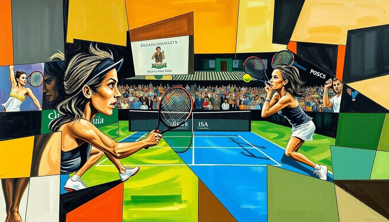 A cubist, geometric painting depicting the intense back-and-forth of a tennis match, with overlapping planes of color and form representing the players' movements and the drama of the competition.