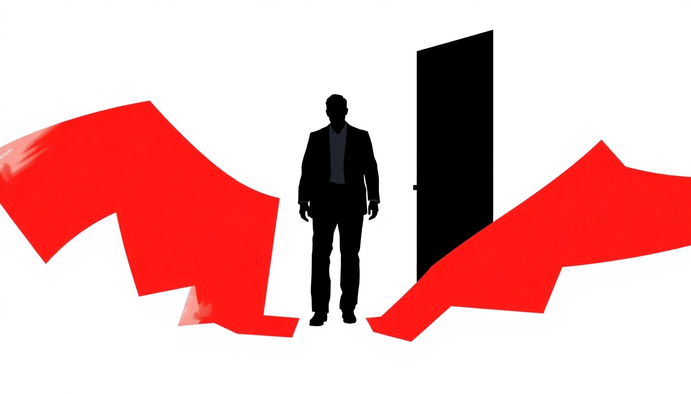 An abstract, minimalist illustration featuring bold, jagged black silhouettes against a high-contrast red and white background, conceptually representing the departure of a key character from a medical TV drama.