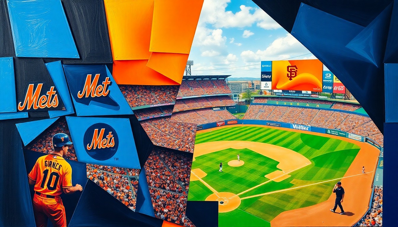 A fractured, geometric painting depicting a baseball game between the New York Mets and San Francisco Giants, with the players and field broken down into sharp, overlapping planes of color.