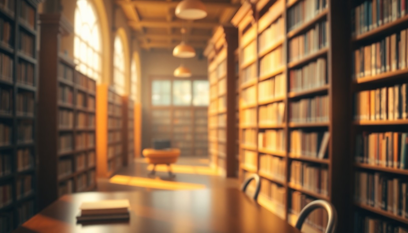 An abstract, out-of-focus photograph of a library interior, with bookshelves and a desk visible through a hazy, golden-toned lens, conveying a sense of warmth and community.