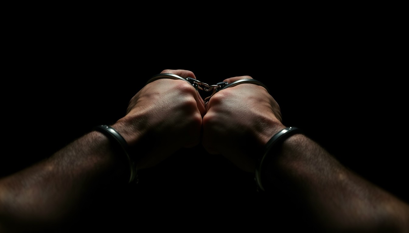 An extreme close-up photograph of a pair of handcuffed wrists against a pitch-black background, creating a stark, gritty, investigative aesthetic.