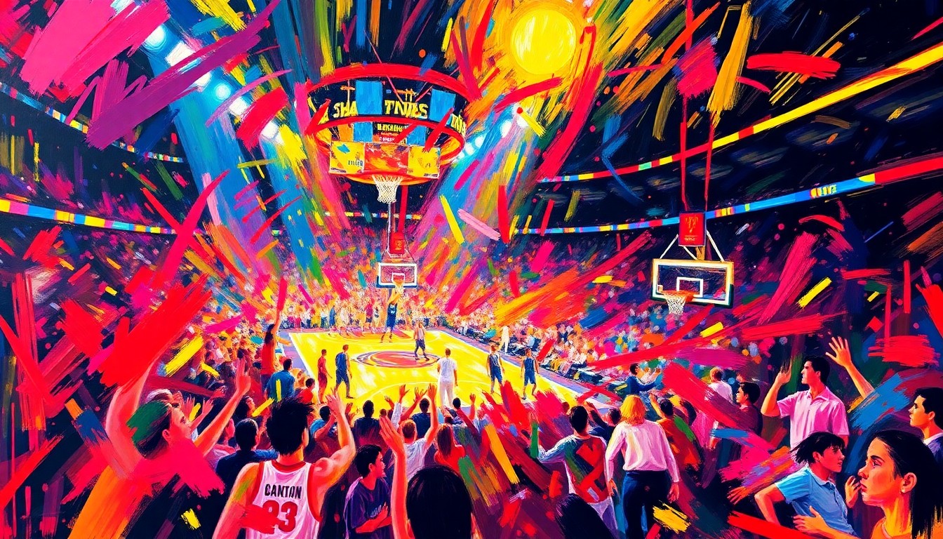 An abstract, neon-colored painting featuring rapid, energetic brushstrokes that convey the chaotic atmosphere of a basketball arena during a halftime contest, conceptually representing the disappointment and backlash over a failed April Fools' prank.