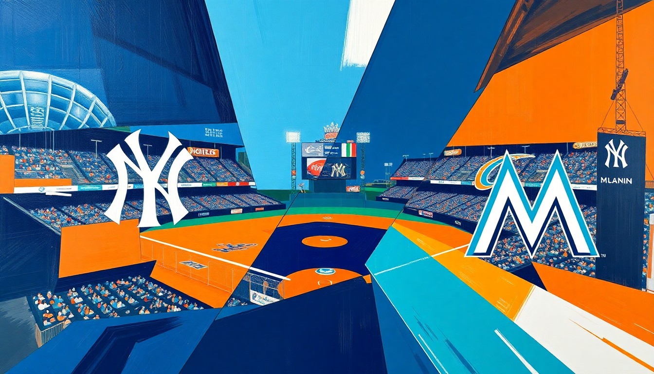 A cubist, geometric painting depicting a baseball game between the New York Yankees and Miami Marlins, with sharp, overlapping planes of navy blue, orange, and teal colors representing the dynamic action on the field.
