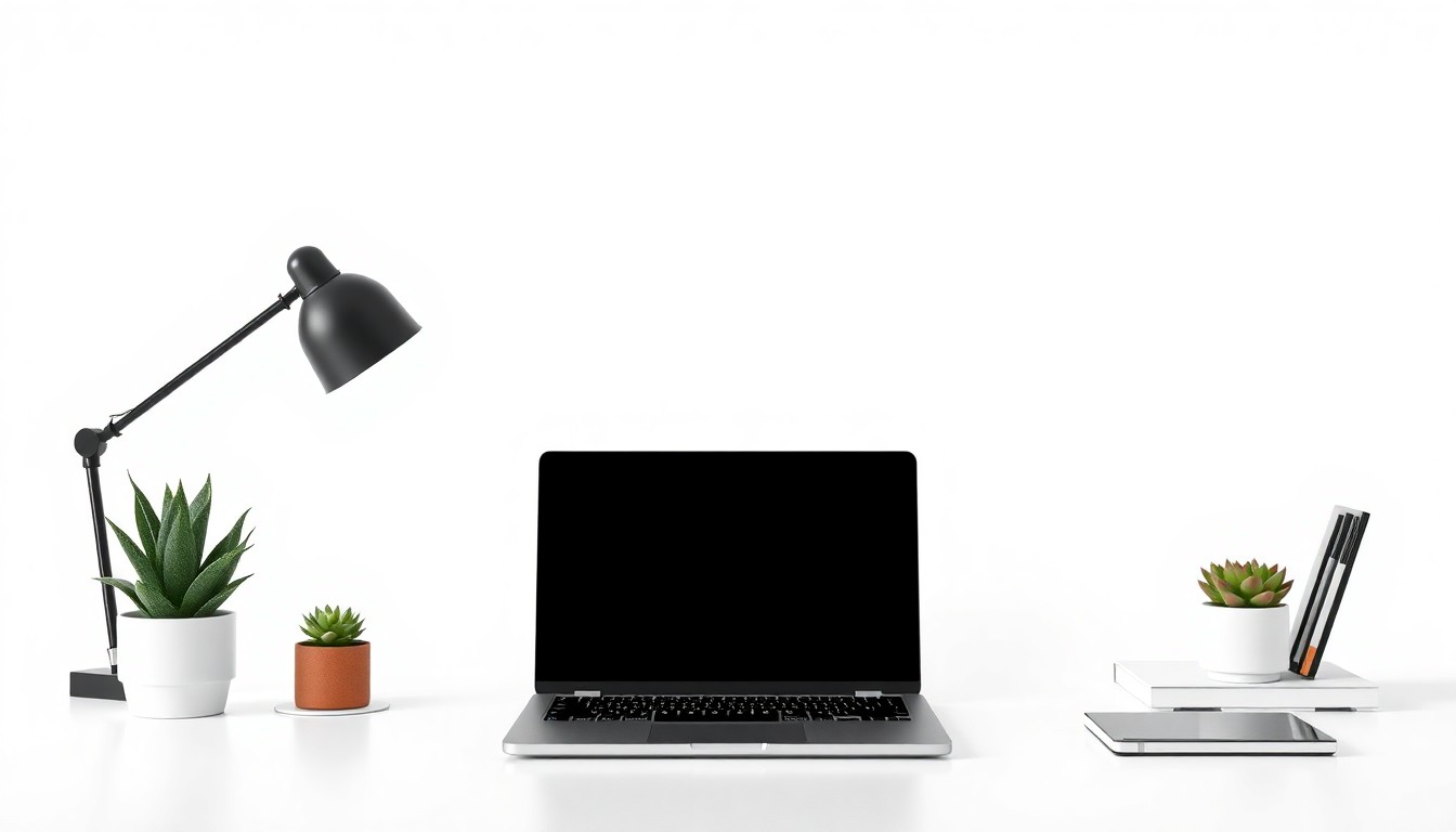 A minimalist, high-contrast studio photograph featuring a sleek laptop, a modern desk organizer, and a potted plant, symbolizing the data-driven, sophisticated approach of a successful digital marketing agency.