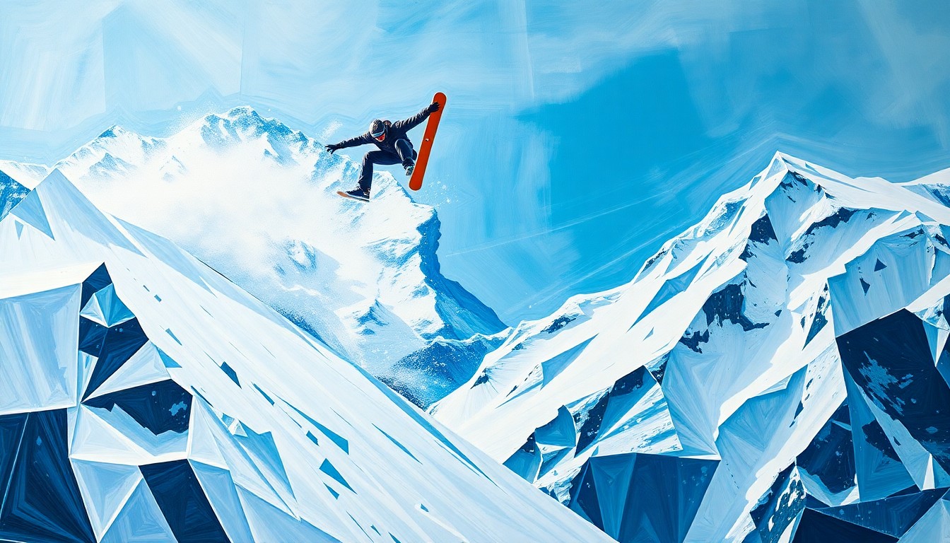 A fragmented, geometric painting depicting a snowboarder mid-jump, with sharp planes of white, blue, and green representing the motion and power of the sport.