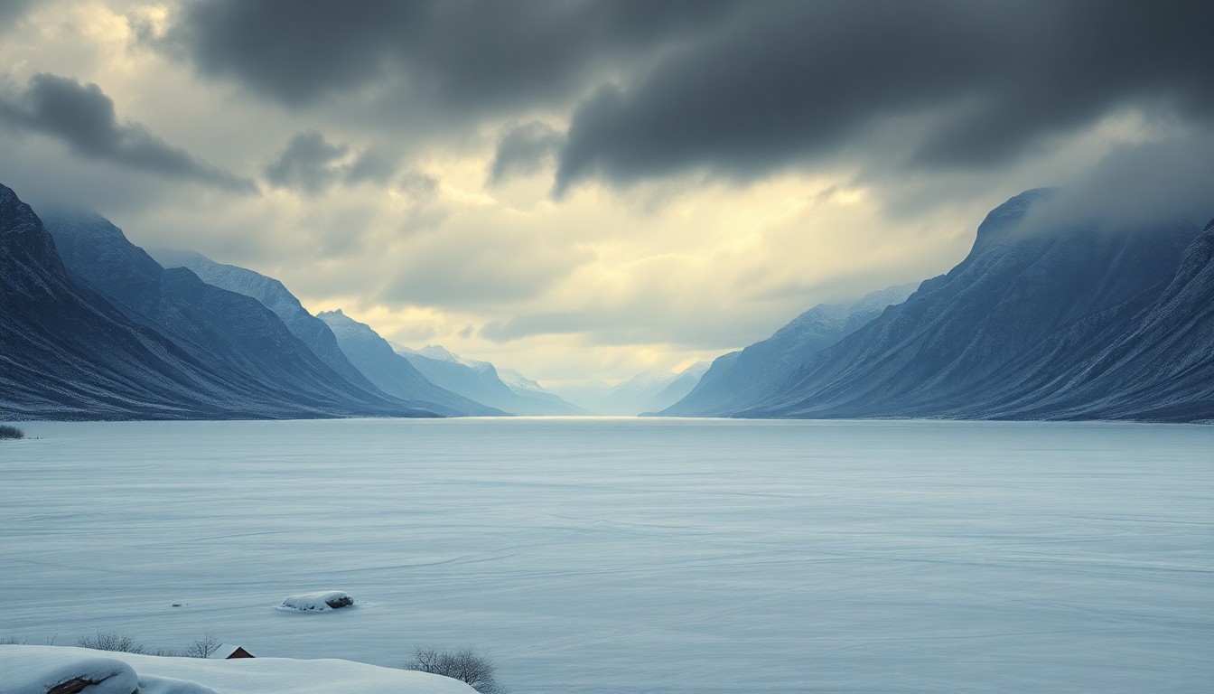 A vast, atmospheric landscape painting in muted tones of gray, blue, and white, depicting a frozen, snow-covered expanse under a dramatic, overcast sky, conceptually representing the water crisis in the Yampa Basin.