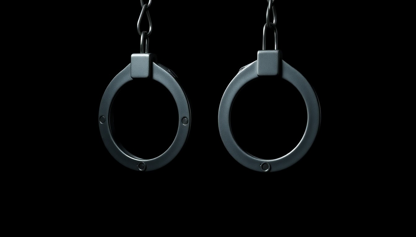 An extreme close-up photograph of a pair of metal handcuffs against a completely dark background, creating a stark, gritty, and investigative visual aesthetic.