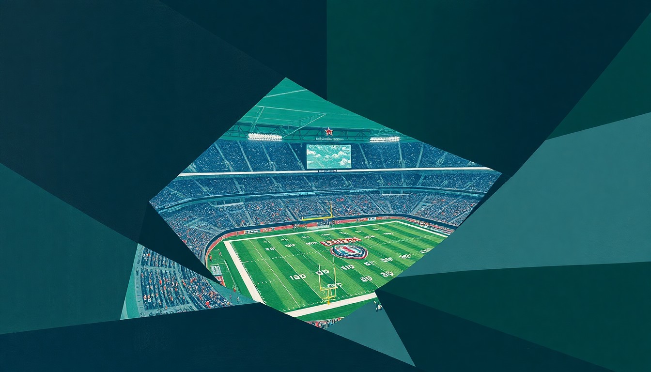 A cubist, geometric painting depicting the fragmented elements of a football stadium, with sharp, overlapping planes in muted tones of navy, green, and gray, conveying the complexity of the Bears' stadium decision.