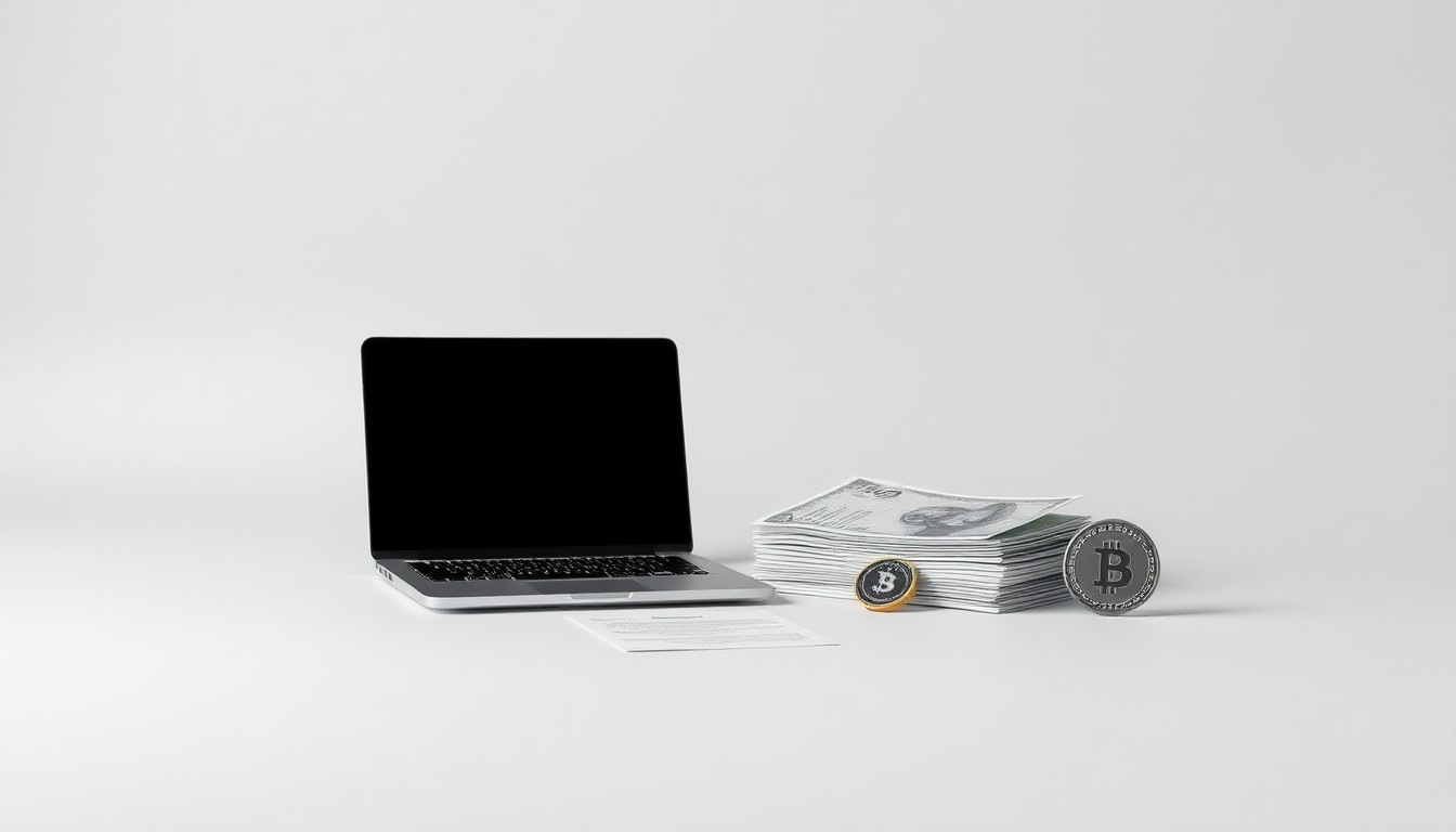 A high-end, photorealistic studio still-life photograph featuring a sleek laptop, financial documents, and a cybersecurity token, symbolizing the insurance industry's focus on digital risk management.