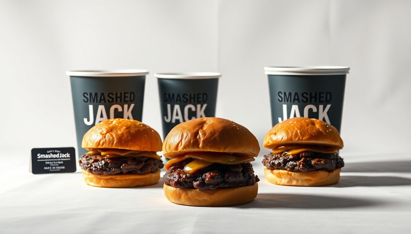 A high-end, photorealistic studio still-life photograph featuring a trio of smashed beef sliders, branded cups, and a single collectible item arranged elegantly on a clean, white background, conceptually representing the premium quality and craveable nature of the new Smashed Jack Sliders Munchie Meal.