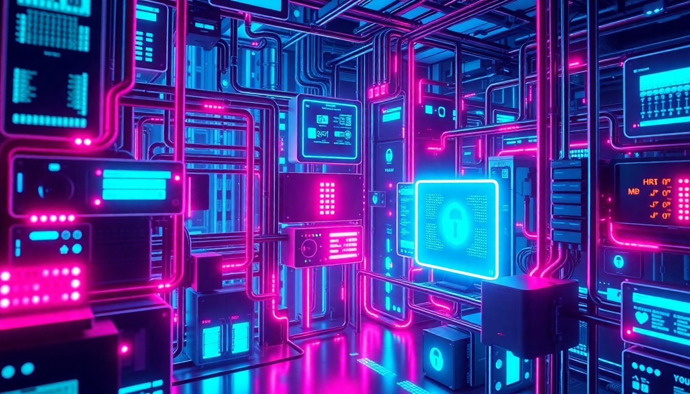 A highly detailed, glowing 3D illustration of a complex cybersecurity infrastructure, with neon cyan and magenta lights illuminating the various components, conceptually representing the advanced, interconnected nature of modern digital security systems.