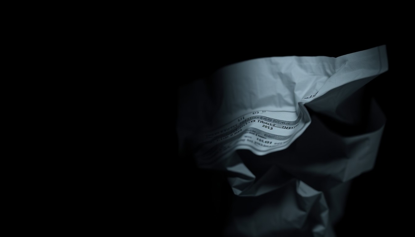 An extreme close-up photograph of a crumpled bank document, capturing the harsh, gritty details of the material under dramatic lighting, conceptually representing the investigative nature of this financial crime story.