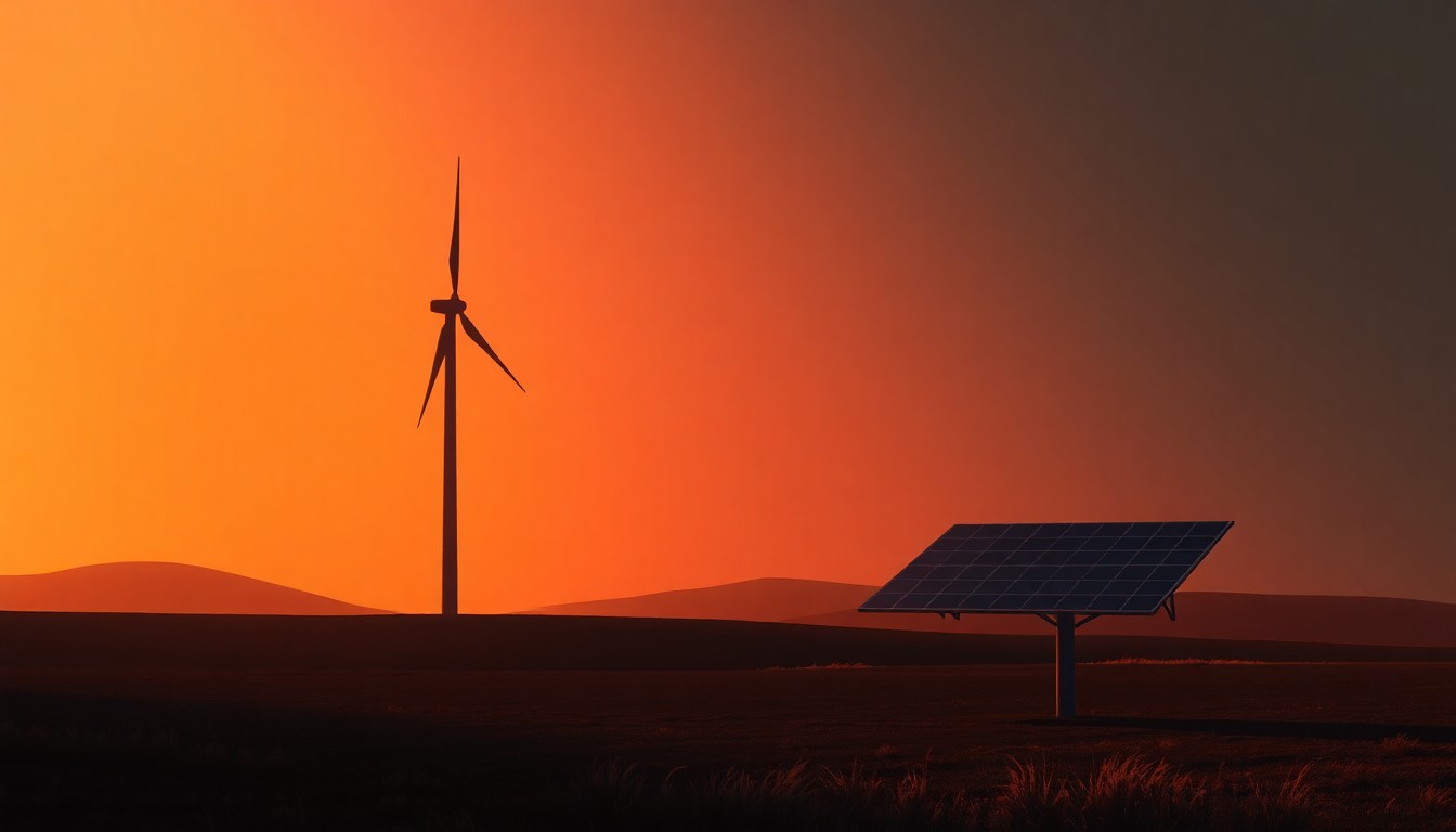 A serene, almost melancholic painting of a lone wind turbine or solar panel standing tall against a backdrop of warm, golden sunlight and deep, dramatic shadows, evoking a sense of both progress and uncertainty in the face of the climate crisis.